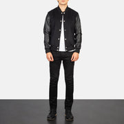 Men's Vaxton أسود Hybrid Varsity جاكيت جلد رجالي - Lateral Side Profile View Showing Sleeve Cut &amp; Athletic Taper Fit
