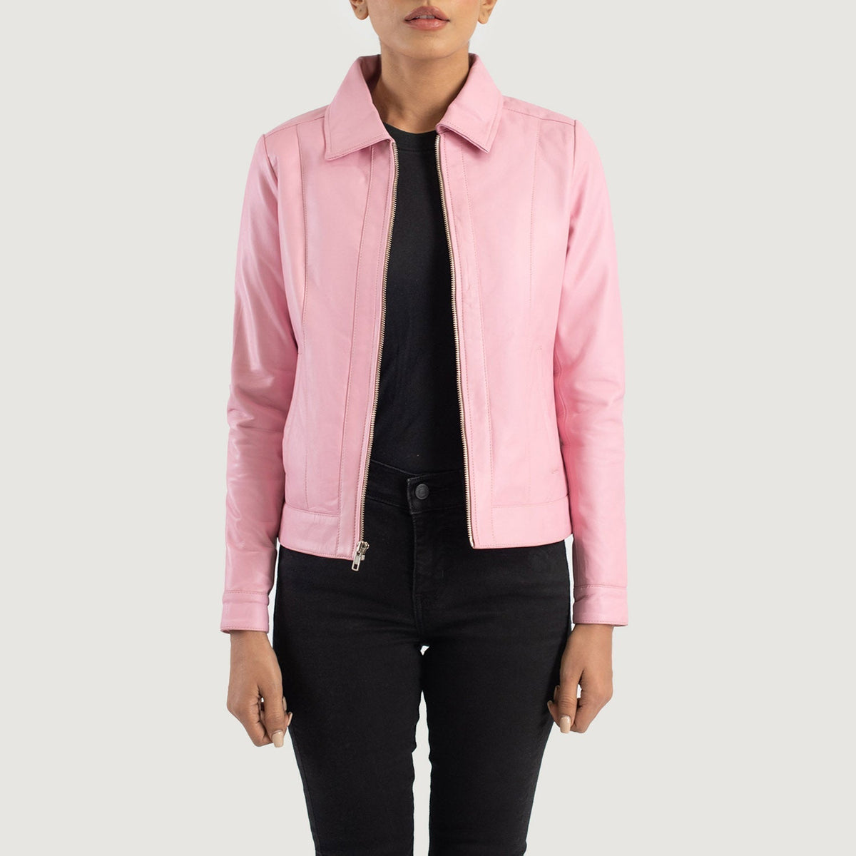 
Vixen Pink Classic Collar Leather Jacket in Pink Sheepskin Leather - عرض أمامي وقَصّة مفصلة أنيقة | شراء أونلاين عبر المتجر الرسمي