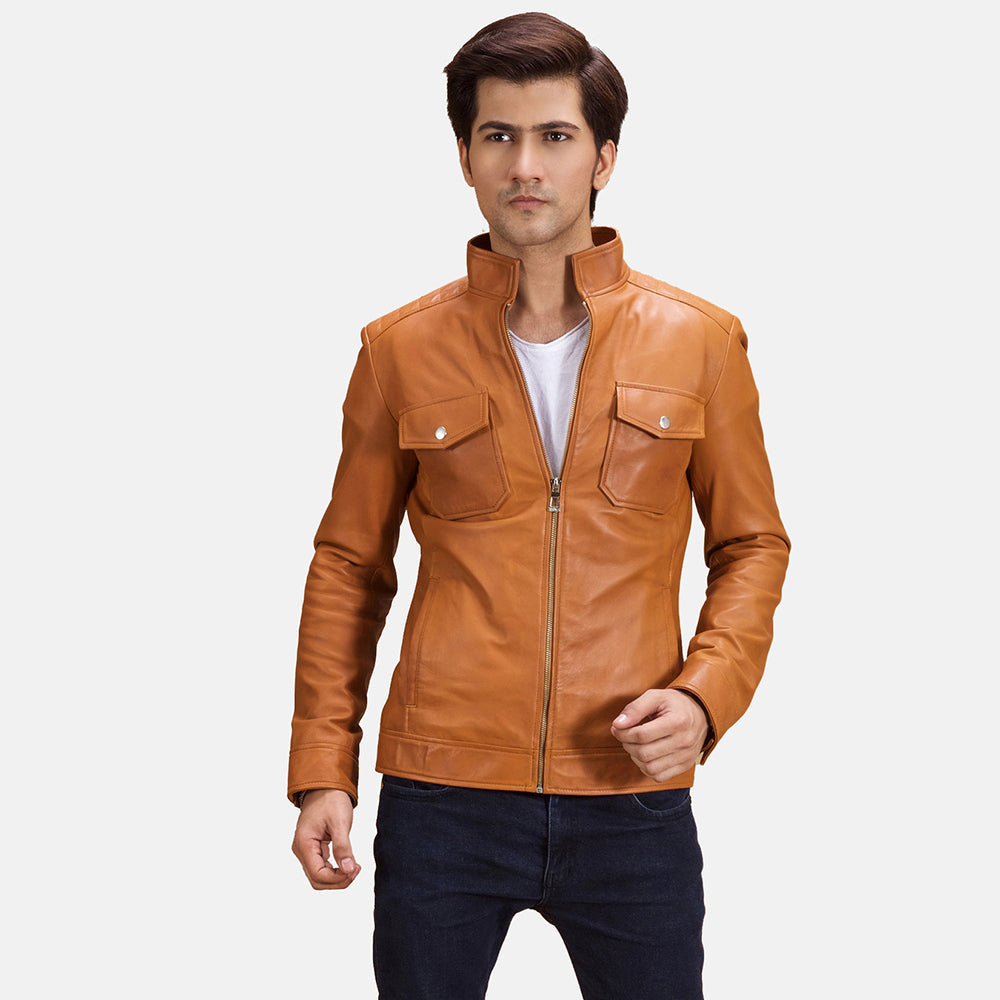Voltex بيج جاكيت بايكر جلد رجالي in Tan Brown Sheepskin Leather - Front Profile View &amp; Tailored Silhouette | Buy Online
