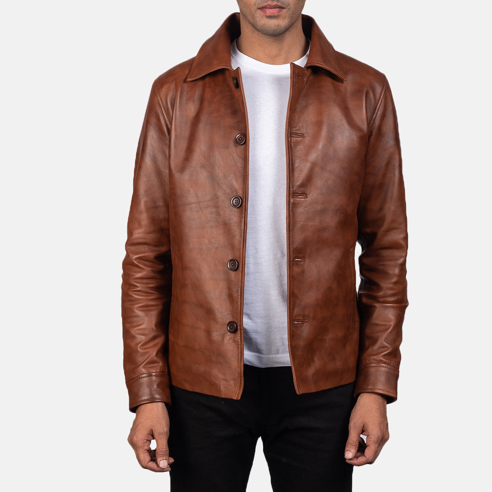 Waffle بني جاكيت جلد رجالي in Distressed Brown Sheepskin Burnishing - Front Profile View &amp; Tailored Silhouette | Buy Online