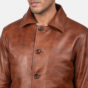 Waffle بني جاكيت جلد رجالي - Lateral Side Profile View Showing Sleeve Cut &amp; Athletic Taper Fit