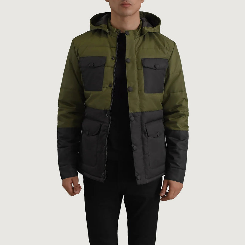 Wayne أسود & أخضر Hooded Puffer جاكيت جلد رجالي