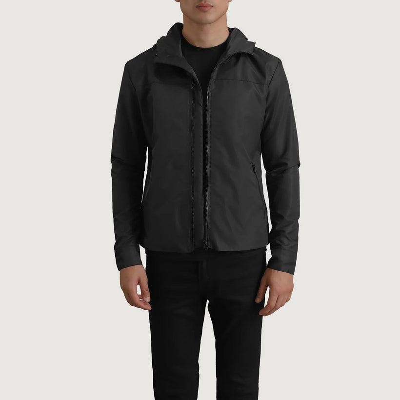 Wesley أسود Hooded Windbreaker جاكيت جلد رجالي