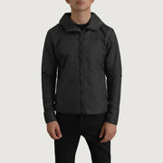 
تفاصيل مقربة of Classic Collar & Zipper With Inside Wind Flap. Hardware on Wesley أسود Hooded Windbreaker جاكيت جلد رجالي