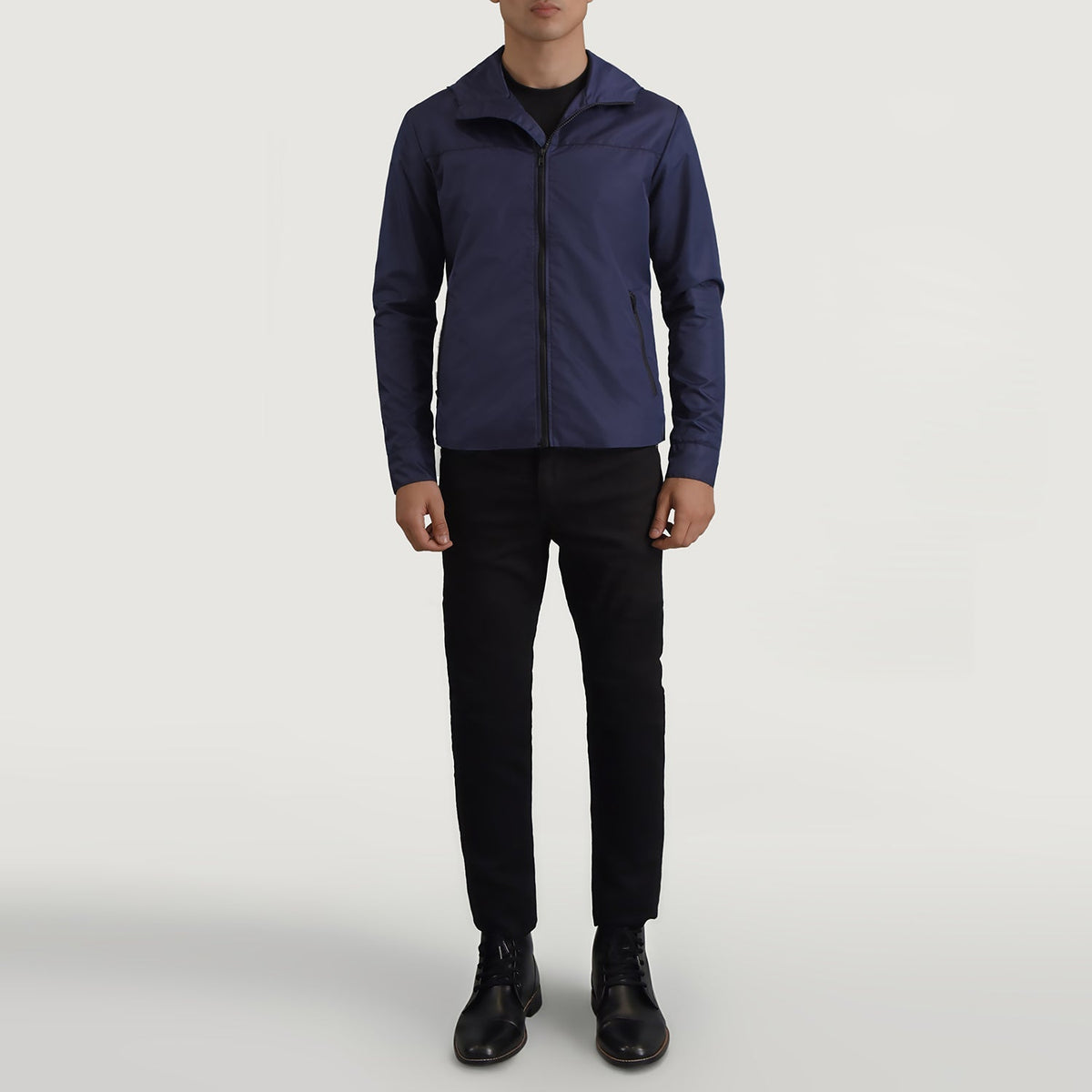 
Wesley أزرق Hooded Windbreaker جاكيت جلد رجالي - عرض جانبي يوضح قَصّة الأكمام المريحة