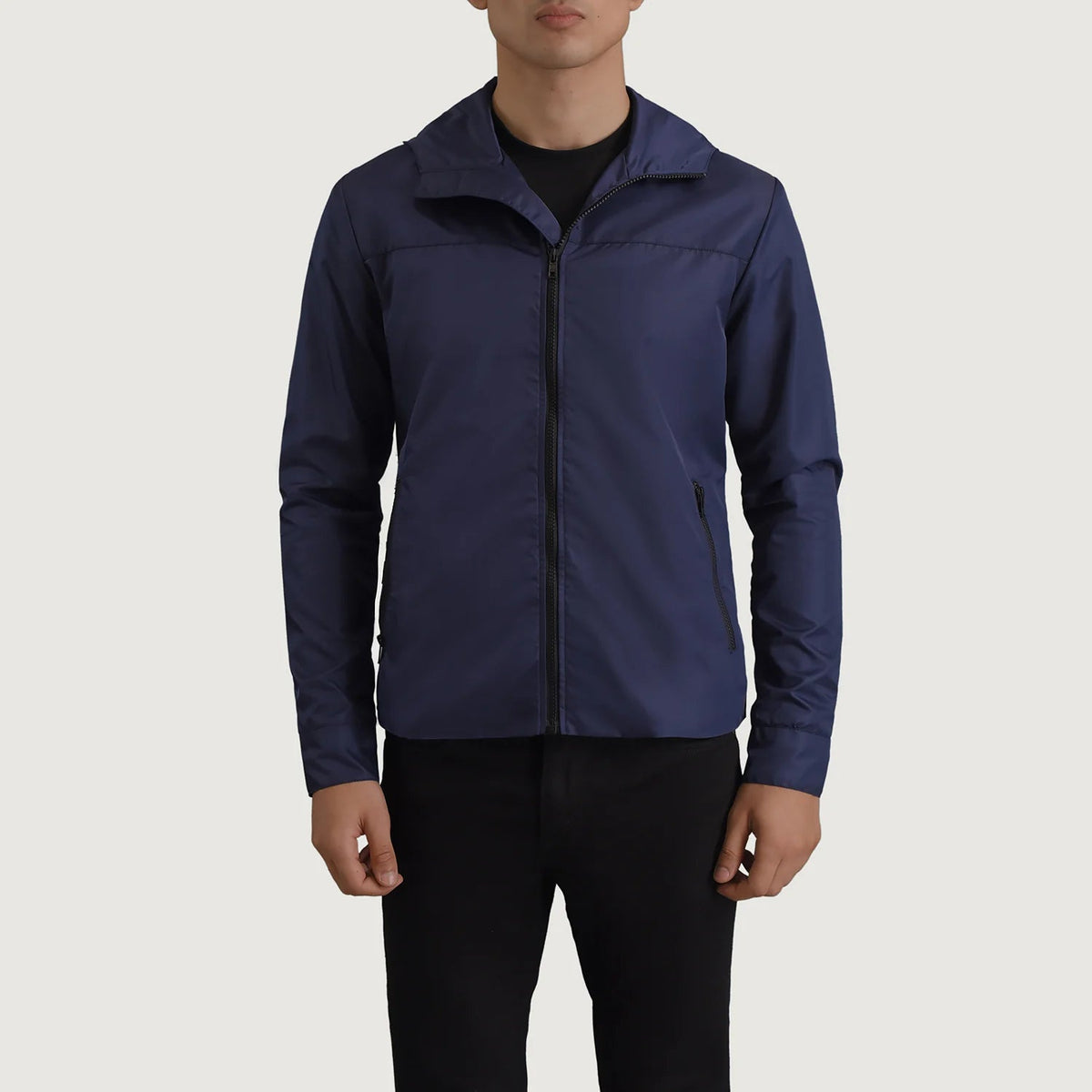 
تفاصيل مقربة of Classic Collar & Zipper With Inside Wind Flap. Hardware on Wesley أزرق Hooded Windbreaker جاكيت جلد رجالي