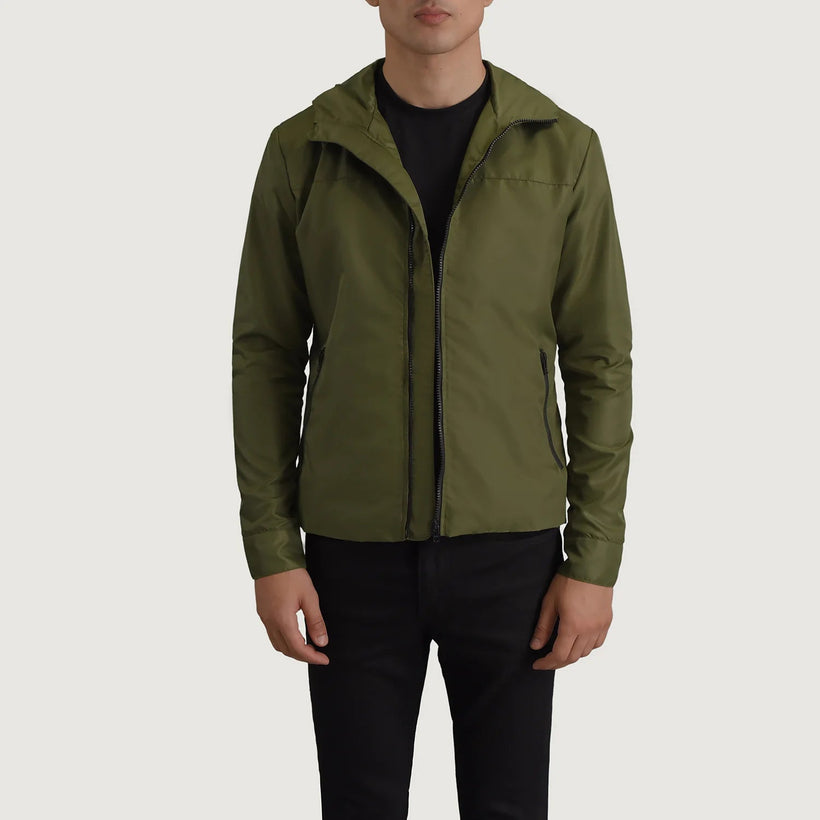 Wesley أخضر Hooded Windbreaker جاكيت جلد رجالي