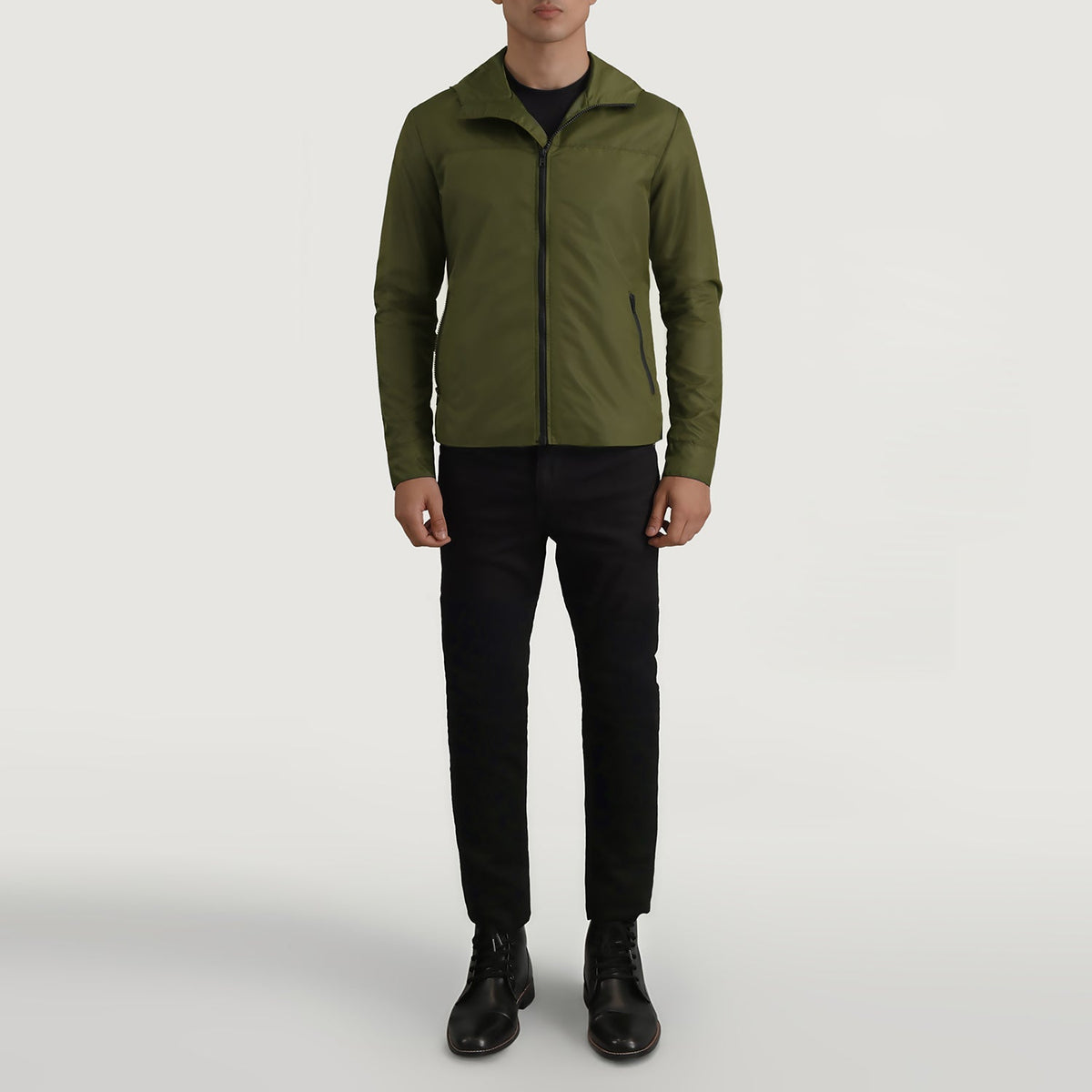 
Wesley أخضر Hooded Windbreaker جاكيت جلد رجالي - عرض جانبي يوضح قَصّة الأكمام المريحة