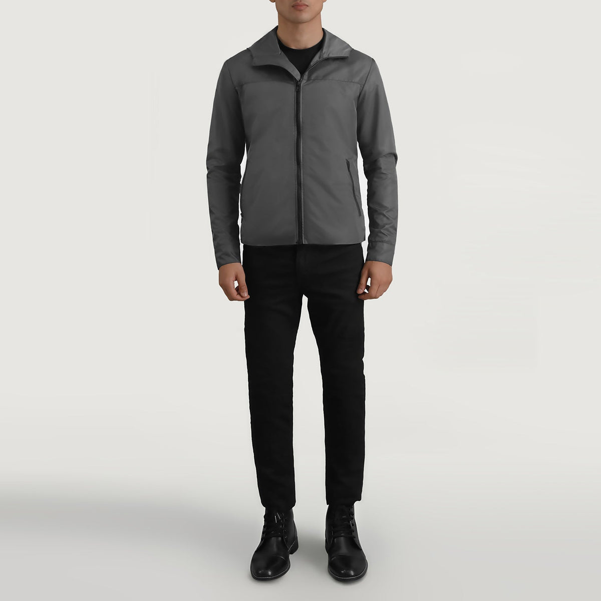 
Wesley Grey Hooded Windbreaker جاكيت جلد رجالي - عرض جانبي يوضح قَصّة الأكمام المريحة