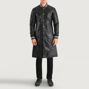 Wilde أسود Leather Varsity معطف جلد رجالي in Black Sheepskin Leather - Front Profile View &amp; Tailored Silhouette | Buy Online