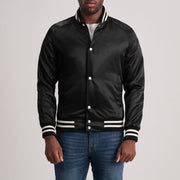 Xander أسود Varsity جاكيت جلد رجالي in Black Satin - Front Profile View &amp; Tailored Silhouette | Buy Online