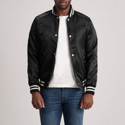 Xander أسود Varsity جاكيت جلد رجالي - Lateral Side Profile View Showing Sleeve Cut &amp; Athletic Taper Fit