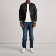 Close-Up Detail of Varsity &amp; Button Hardware on Xander أسود Varsity جاكيت جلد رجالي