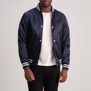 Xander أزرق Varsity جاكيت جلد رجالي - Lateral Side Profile View Showing Sleeve Cut &amp; Athletic Taper Fit