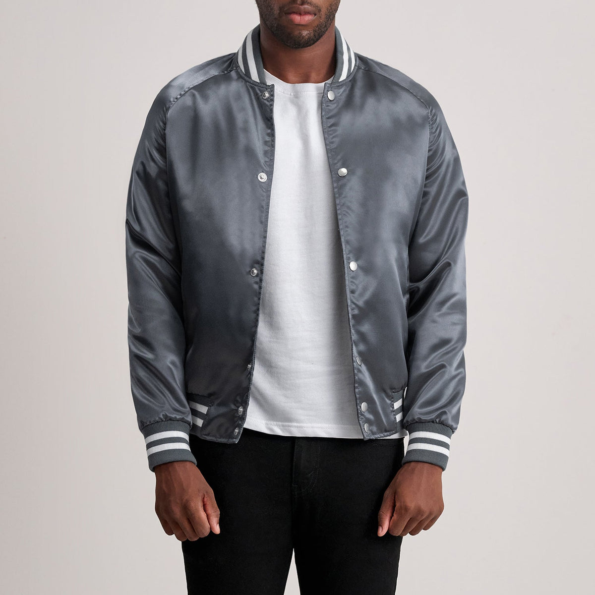 Xander Grey Varsity جاكيت جلد رجالي - Lateral Side Profile View Showing Sleeve Cut &amp; Athletic Taper Fit