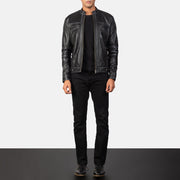 Youngster Distressed Black Leather Jacket - Lateral Side Profile View Showing Sleeve Cut &amp; Athletic Taper Fit