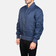 Blue Nylon Bomber Jacket - Back View Showing Tailored Shoulder Fit &amp; Clean Hemline