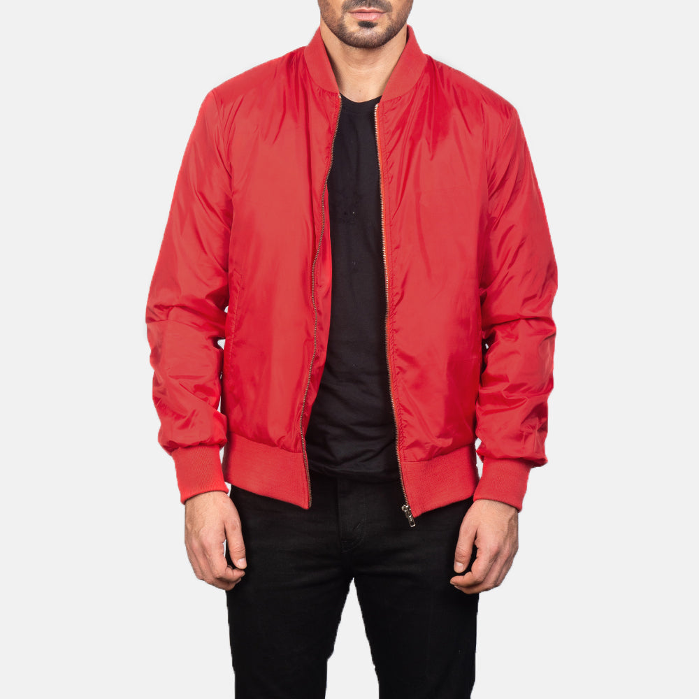 Men's Zack أحمر جاكيت بومبر جلد رجالي in Red Nylon - Front Profile View &amp; Tailored Silhouette | Buy Online