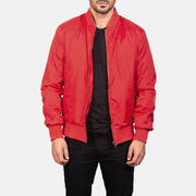Men's Zack أحمر جاكيت بومبر جلد رجالي in Red Nylon - Front Profile View &amp; Tailored Silhouette | Buy Online
