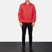 Men's Zack أحمر جاكيت بومبر جلد رجالي - Lateral Side Profile View Showing Sleeve Cut &amp; Athletic Taper Fit