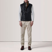 Grey Goatskin Suede Leather Vest - Back View Showing Tailored Shoulder Fit & Clean Hemline