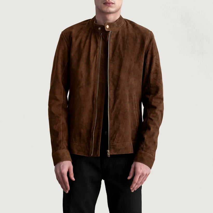 Zen بني Suede جاكيت بايكر جلد رجالي