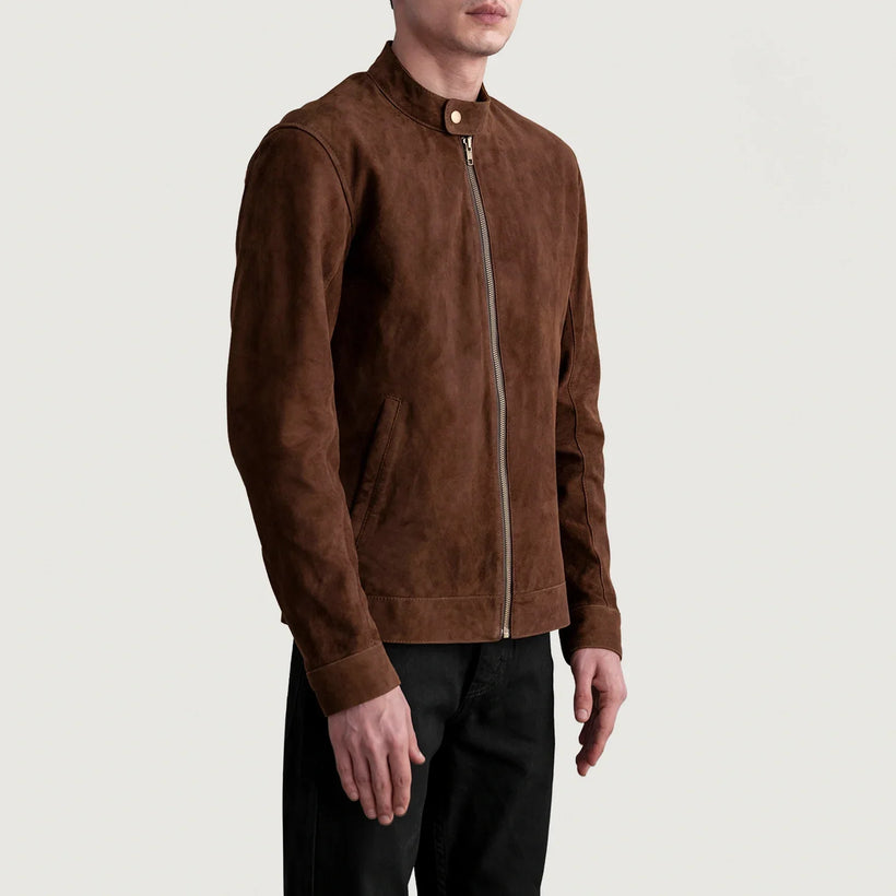Zen بني Suede جاكيت بايكر جلد رجالي