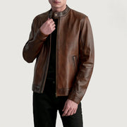 Zen Distressed بني جاكيت بايكر جلد رجالي in Distressed Brown Sheepskin Leather - Front Profile View &amp; Tailored Silhouette | Buy Online