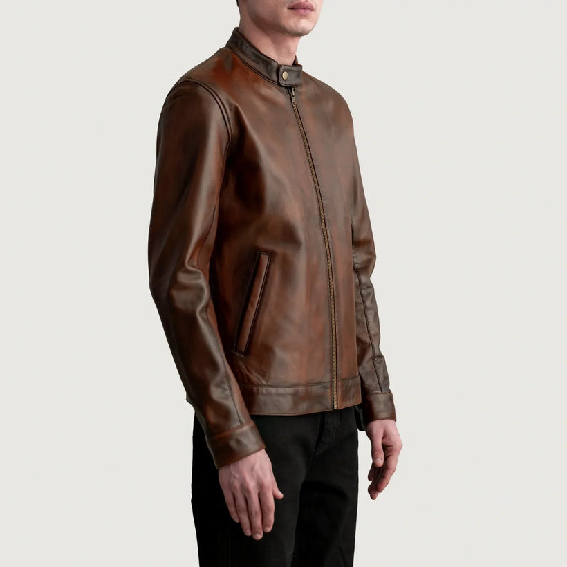 Zen Distressed بني جاكيت بايكر جلد رجالي